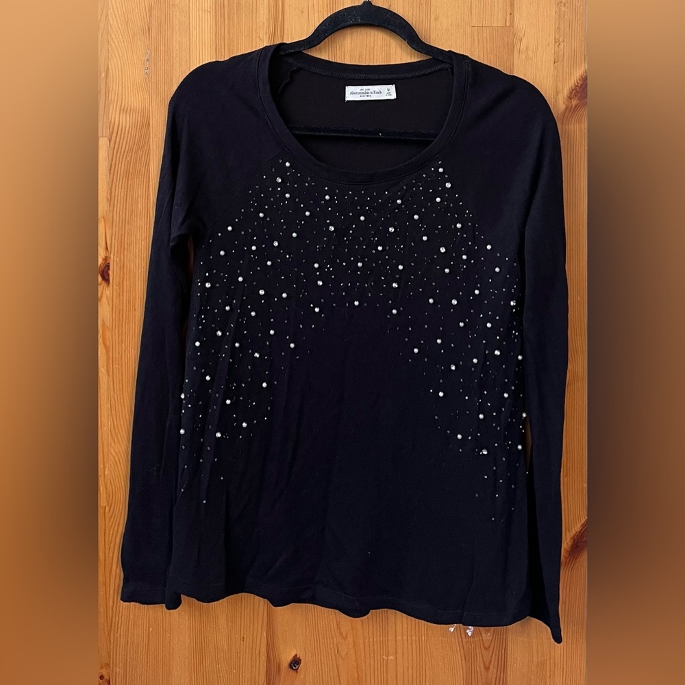 Abercrombie & Fitch Women's Black Long Sleeve Beaded Round Neck Sweater - Size M
